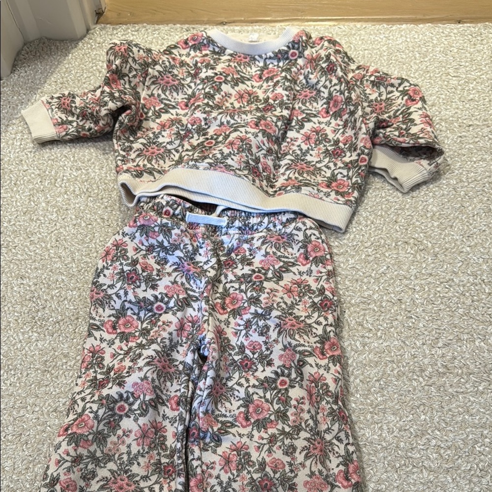 Pink and Cream Floral Pajama Set with Long Sleeves